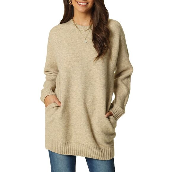 Crewneck Long Sleeve Oversized Loose Chunky Warm Pullover Sweater Top Khaki - Picture 1 of 6